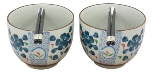 Japanese Design Ceramic Indigo Blossoms Ramen Noodles Bowl & Chopsticks Set of 2