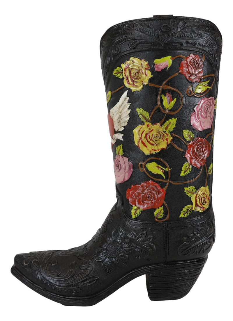 Western Black Cowboy Boot With Vine Roses And Angel Winged Heart Vase Sculpture
