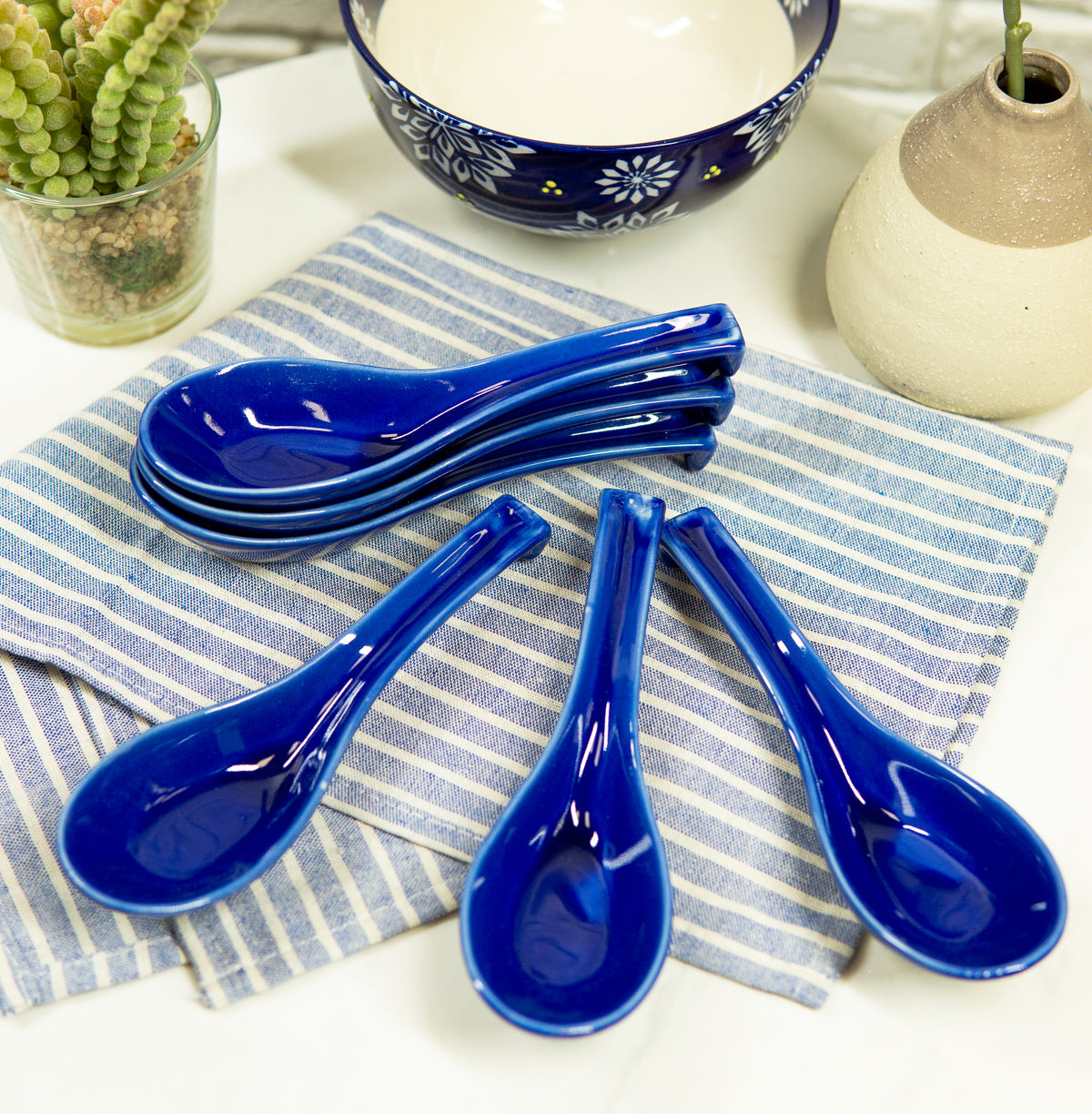 Ebros Made In Japan Ceramic Glossy Ocean Blue Spoons W/ Ladle Hook Set Of 6 - Ebros Gift