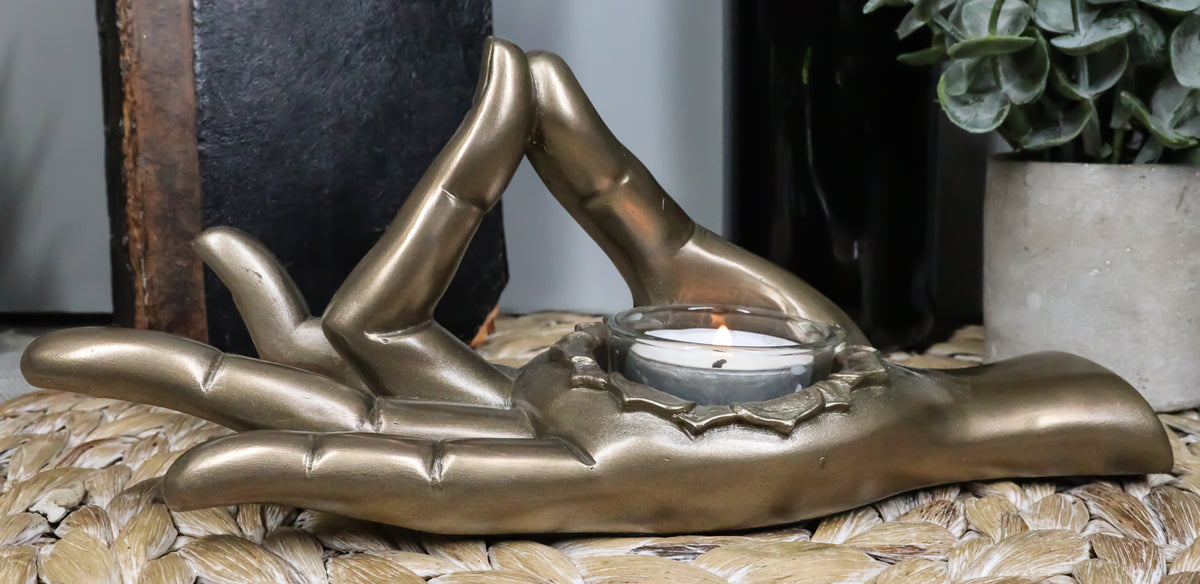 Shunya Mudra Buddha Palm Votive Candle Holder Figurine 9.25"L Yoga Meditation