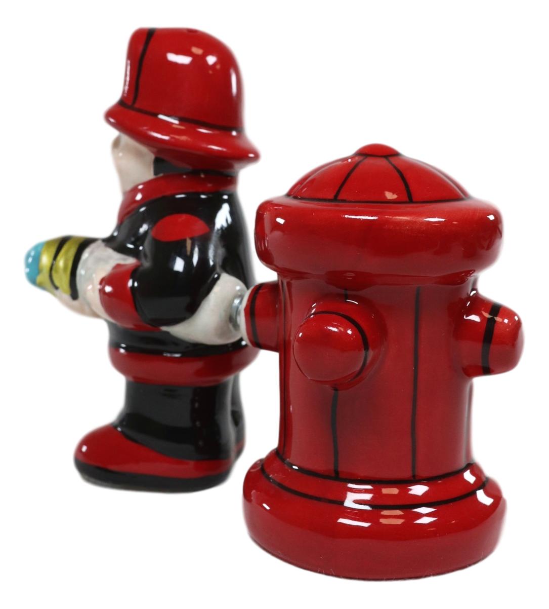 Ebros Fireman Fighter W/ Hose By Red Fire Hydrant Ceramic Salt & Pepper Shakers - Ebros Gift