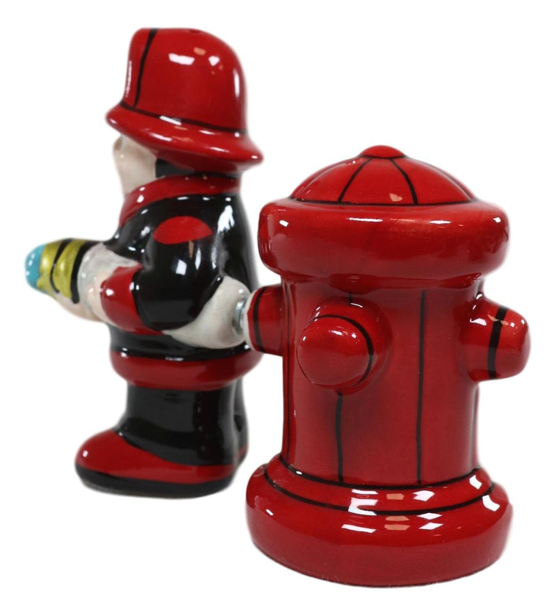 Ebros Fireman Fighter W/ Hose By Red Fire Hydrant Ceramic Salt & Pepper Shakers