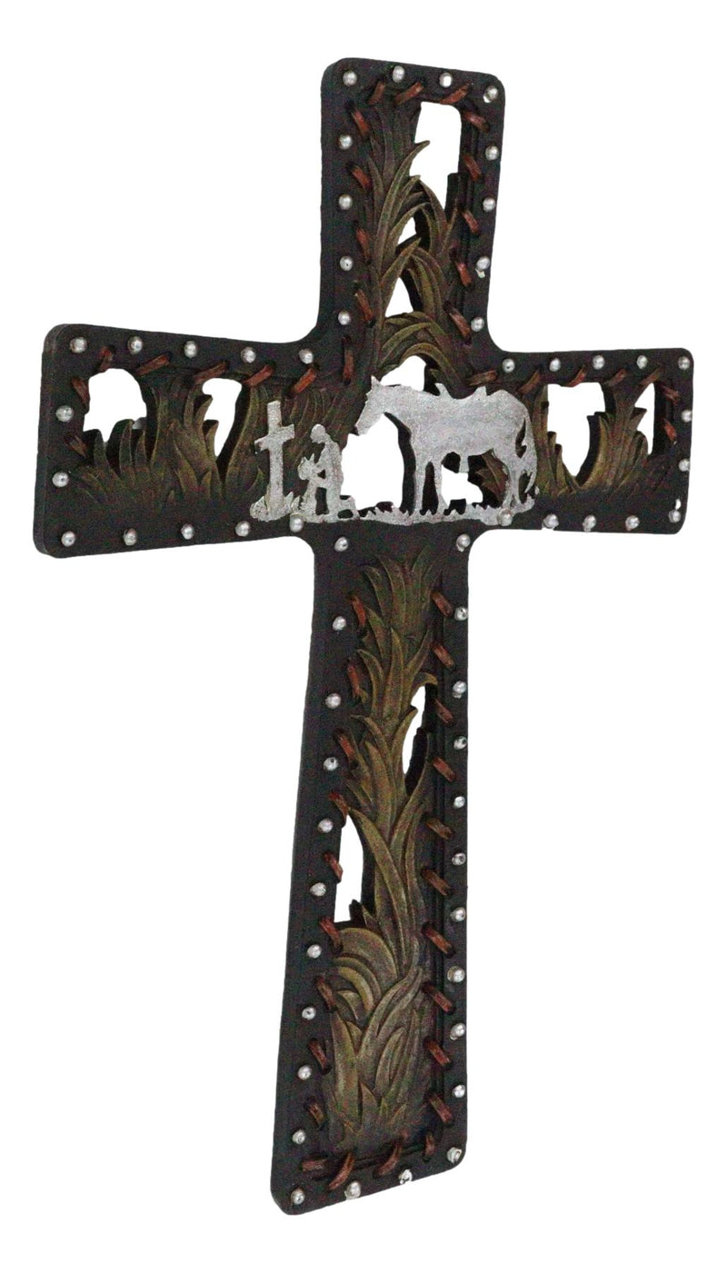 Rustic Western Kneeling Cowboy With Horse In Prayer Faux Leather Wall Cross