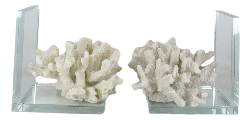 Nautical Coastal Marine White Sea Finger Corals Acrylic Glass Bookends Set