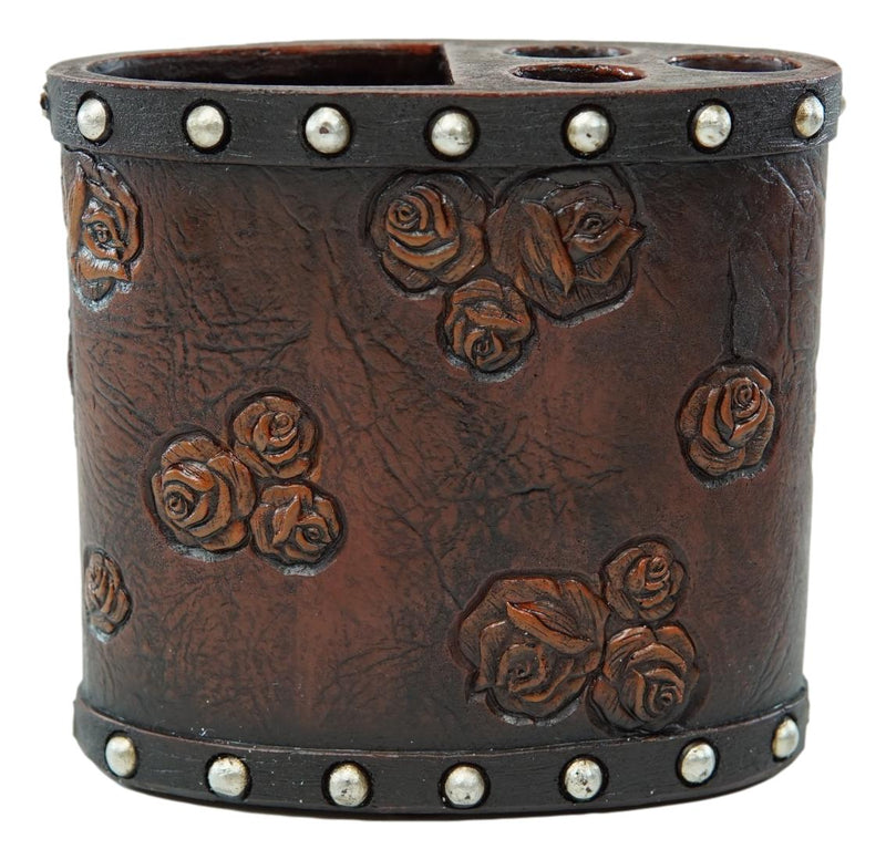 Rustic Western Faux Leather 3D Roses Tumbler Cup Soap Dish Toothbrush Holder Set