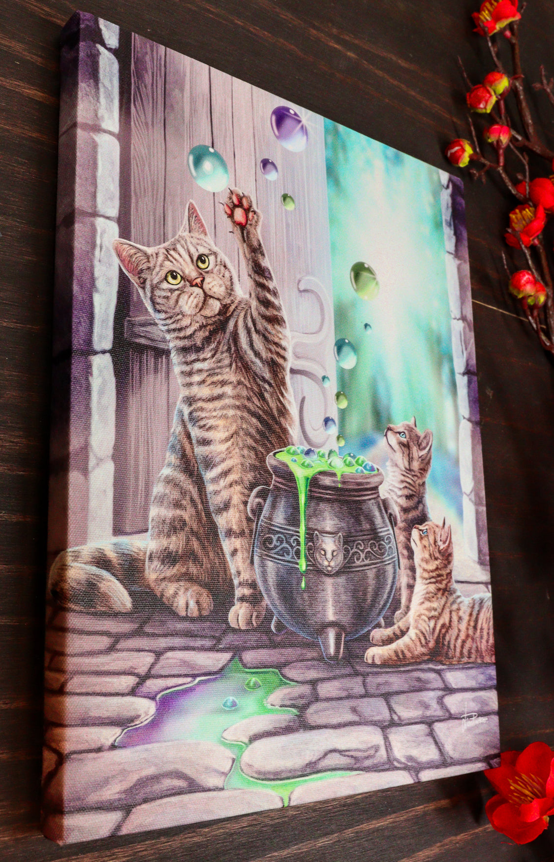 Witch Hubble Hubble Cat And Kittens Magic Cauldron Wood Framed Canvas Wall Decor