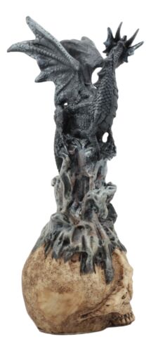 Azureon Black Dragon Perching On Quartz Tower Alien Skull Statue Home Decor - Ebros Gift