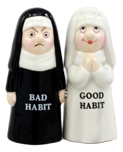 Ebros Bad And Good Habits Nun Pair Salt & Pepper Shakers Ceramic Magnetic Set