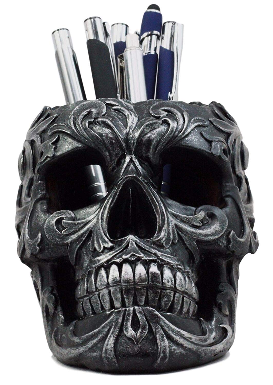 Ebros Gift Tribal Tattoo Floral Skull Pen Holder Figurine 5.75"L Office Decor