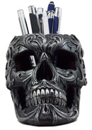 Ebros Gift Tribal Tattoo Floral Skull Pen Holder Figurine 5.75"L Office Decor
