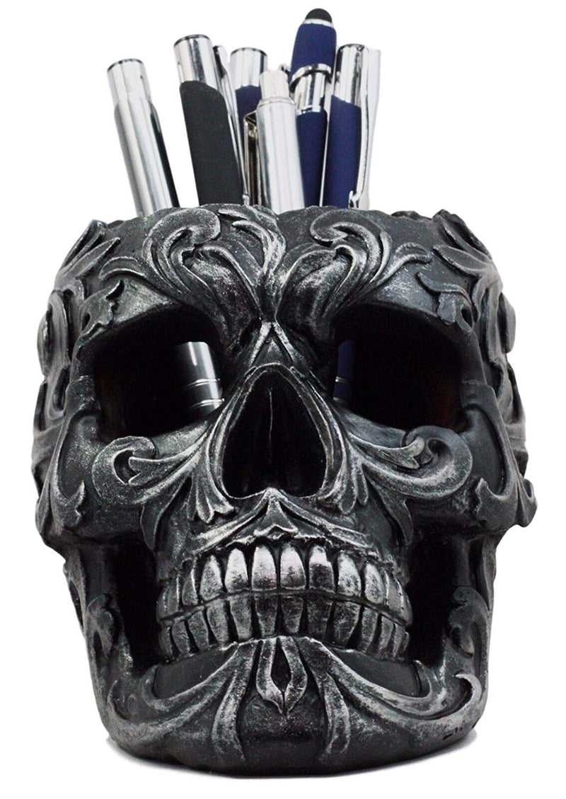 Ebros Gift Tribal Tattoo Floral Skull Pen Holder Figurine 5.75"L Office Decor