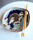 Rabbits By Black Moon Small Appetizer Coupe Plate Flat Bowl With Chopsticks Set