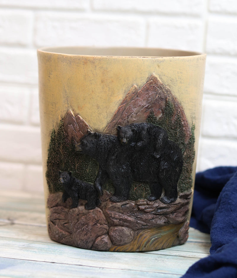 Western Rustic Pine Mountain Black Bear With Cubs Waste Basket Dry Trash Bin