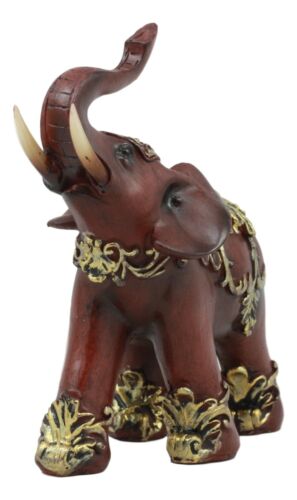 Faux Wood Decorated Thai Buddhism Noble Elephant With Trunk Up Statue 6.25"L - Ebros Gift
