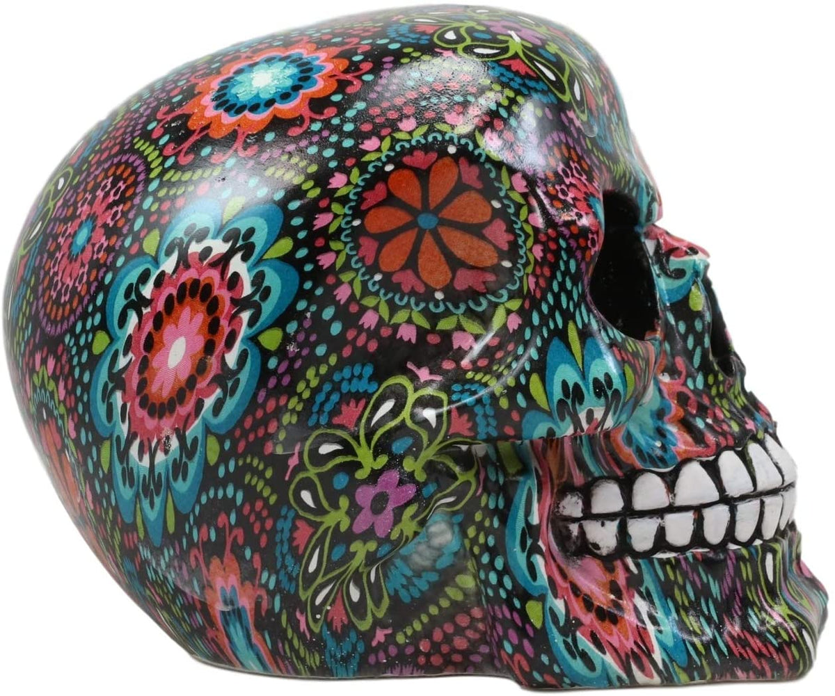 Ebros Day Of The Dead Color Beads And Floral Tattoo Sugar Cranium Skull Statue