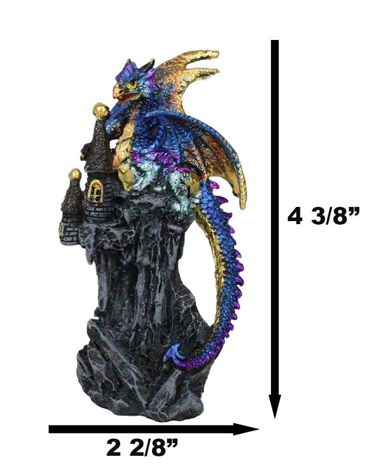 Iridescent Blue Wyrmling Dragon On Rocky Mountain Treasure Castle Top Figurine