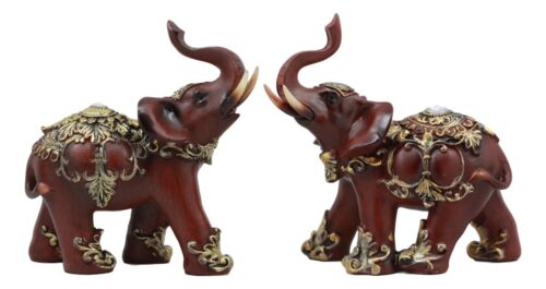 Ebros Faux Wood Feng Shui Elephant with Trunk Up Statue Set of 2 Long Decorated Thai Buddhism Noble Elephant Trumpeting Left and Right Directions Animal Sculpture - Ebros Gift