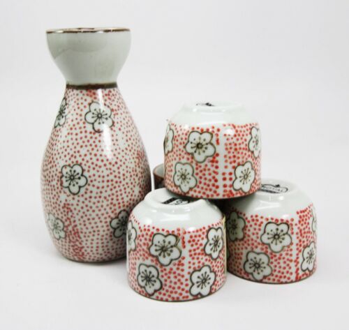 Japanese 7oz Red Polkadots Sakura Cherry Blossoms Sake Flask With Four Cups Set