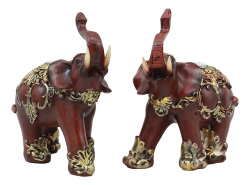 Ebros Faux Wood Feng Shui Elephant with Trunk Up Statue Set of 2 Long Decorated Thai Buddhism Noble Elephant Trumpeting Left and Right Directions Animal Sculpture - Ebros Gift
