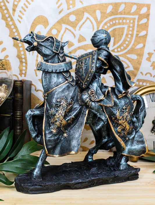 Ebros Medieval Tournament Jousting Suit Of Armor Knight Charging On Cavalry Horse Statue 11" Tall Renaissance Knighthood Collectible Decor