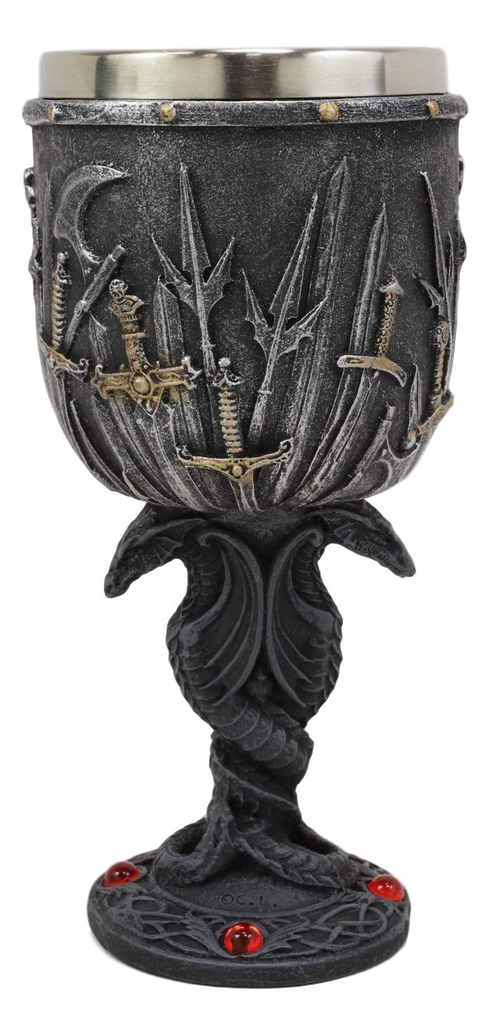 Ebros Set of 2 Medieval Valyrian Steel Swords Wine Goblet And Dragon Iron Throne Mug
