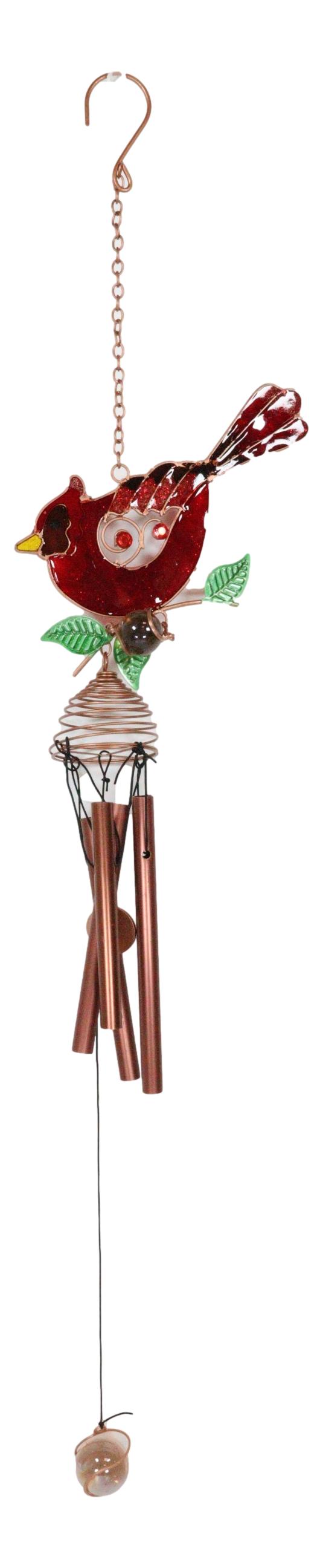 Ebros Gift Stained Glass Red Cardinal Bird Copper Metal Wind Chime 24.25"Long Resonant Outdoor Patio Garden Decor Accessory