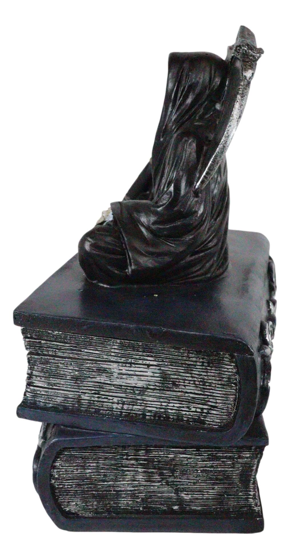 Ebros Macabre Grim Reaper With Scythe Sitting On Books Of Life Jewelry Box