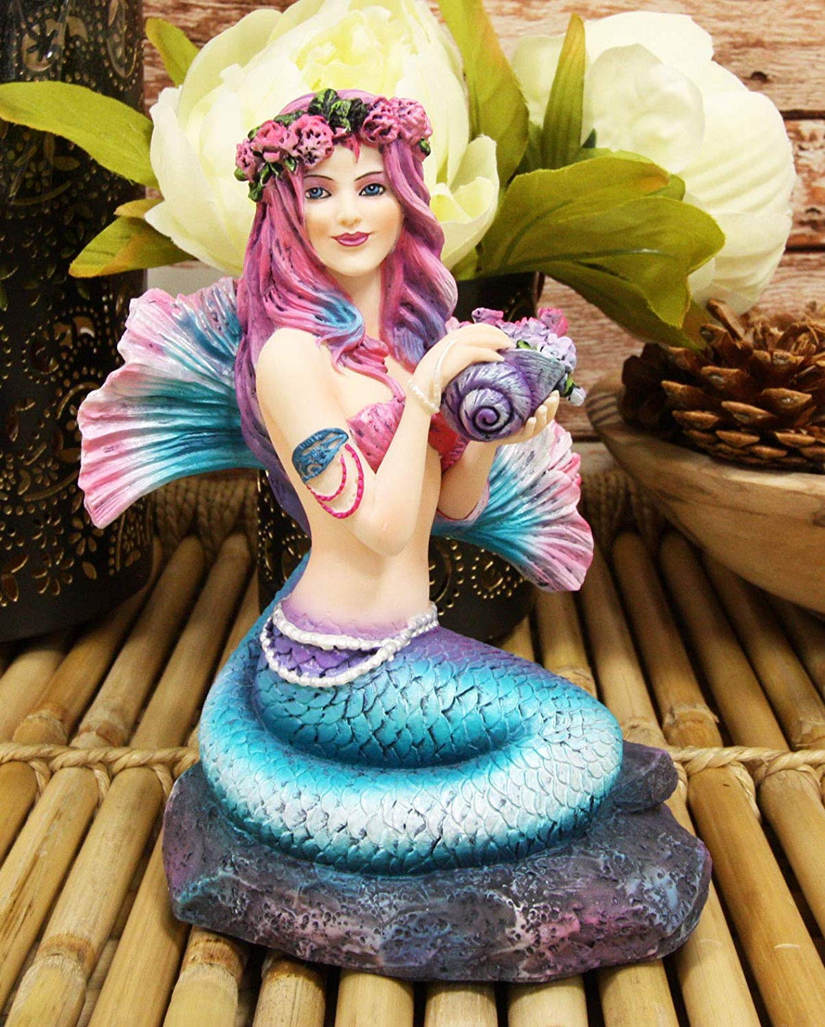 Ebros Brigid Ashwood Mermaid Ocean Spring Flowers Holding Conch Statue 6.25" H