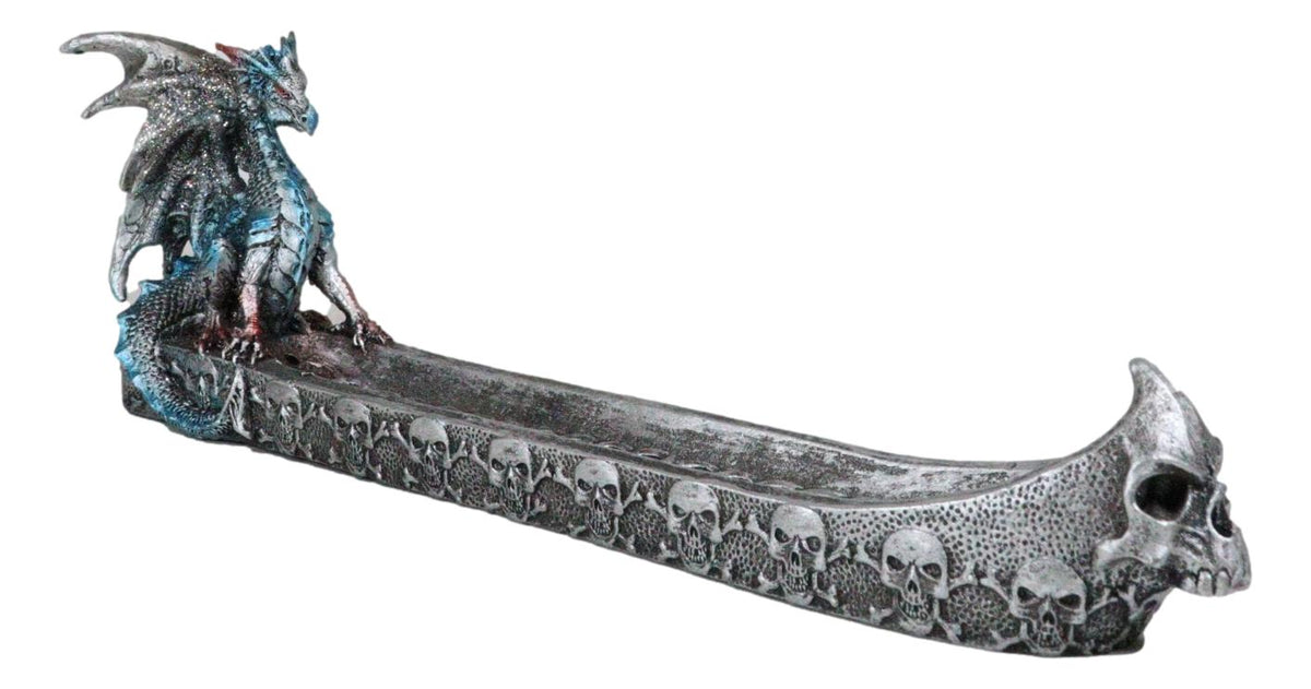 Blue Azureo Dragon On River Styx Boat of Skulls Incense Burner Holder Figurine