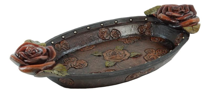 Vintage Western Red Roses Faux Tooled Leather Jewelry Tray Fruit Platter Dish