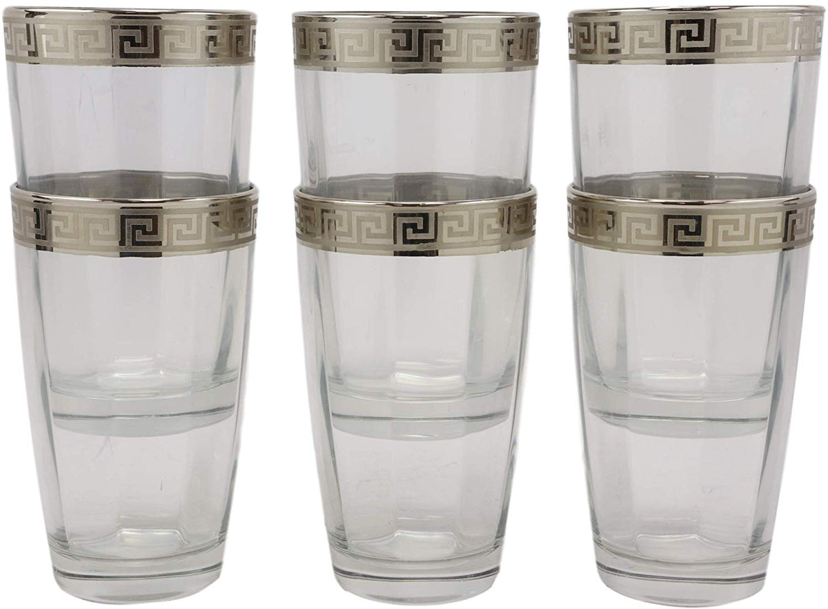 Ebros Silver Accented Meander Greek Fret Key Rim 16oz Highball Glass Set of 6