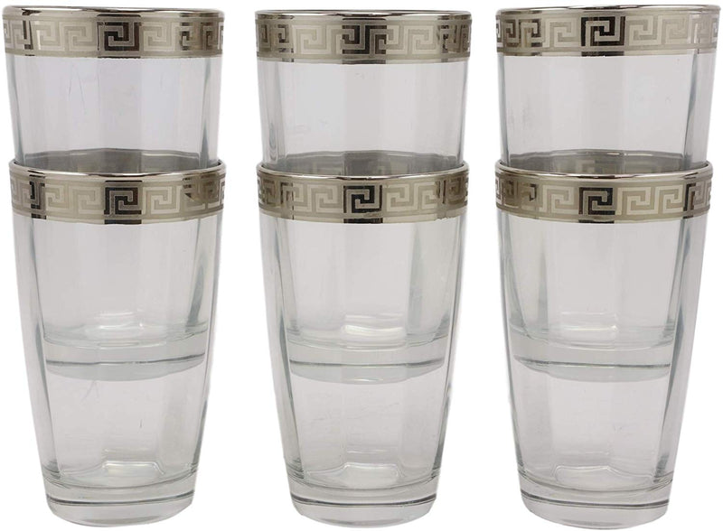 Ebros Silver Accented Meander Greek Fret Key Rim 16oz Highball Glass Set of 6