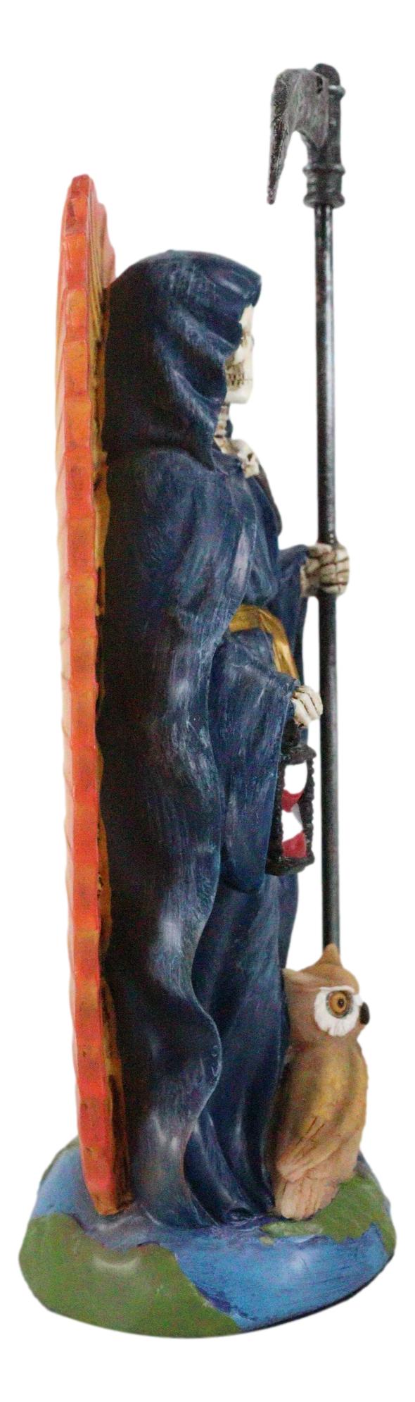 Standing Blue Santa Muerte Skeleton With Scythe Hourglass And Wise Owl Figurine