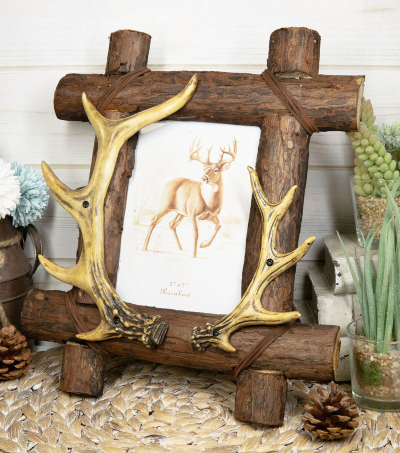 Rustic Buckhorn Deer Antlers On Logs Picture Frame With Easel Back 5"X7" Photo