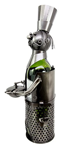 Ebros Gift Head Iron Chef With Wok Pot Hand Made Metal Wine Bottle Holder Caddy Decor Figurine 14.5"H