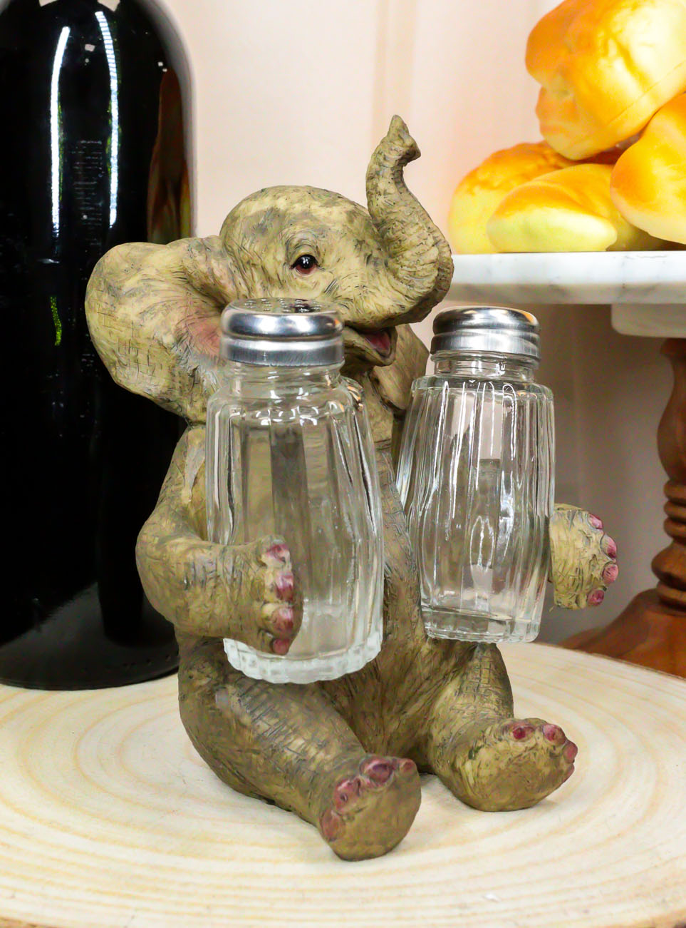 Sitting African Safari Bush Elephant With Trunk Up Salt Pepper Shakers Holder