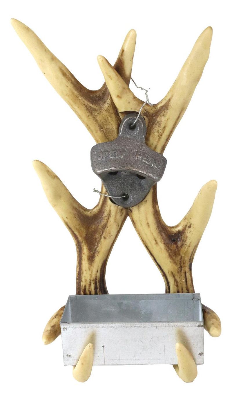 Rustic Western Faux Stag Deer Antlers Wall Bottle Cap Metal Opener With Basin