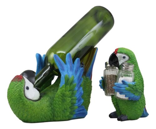 Green Scarlet Macaw Parrot Wine Bottle And Salt Pepper Shakers Holder Statue Set
