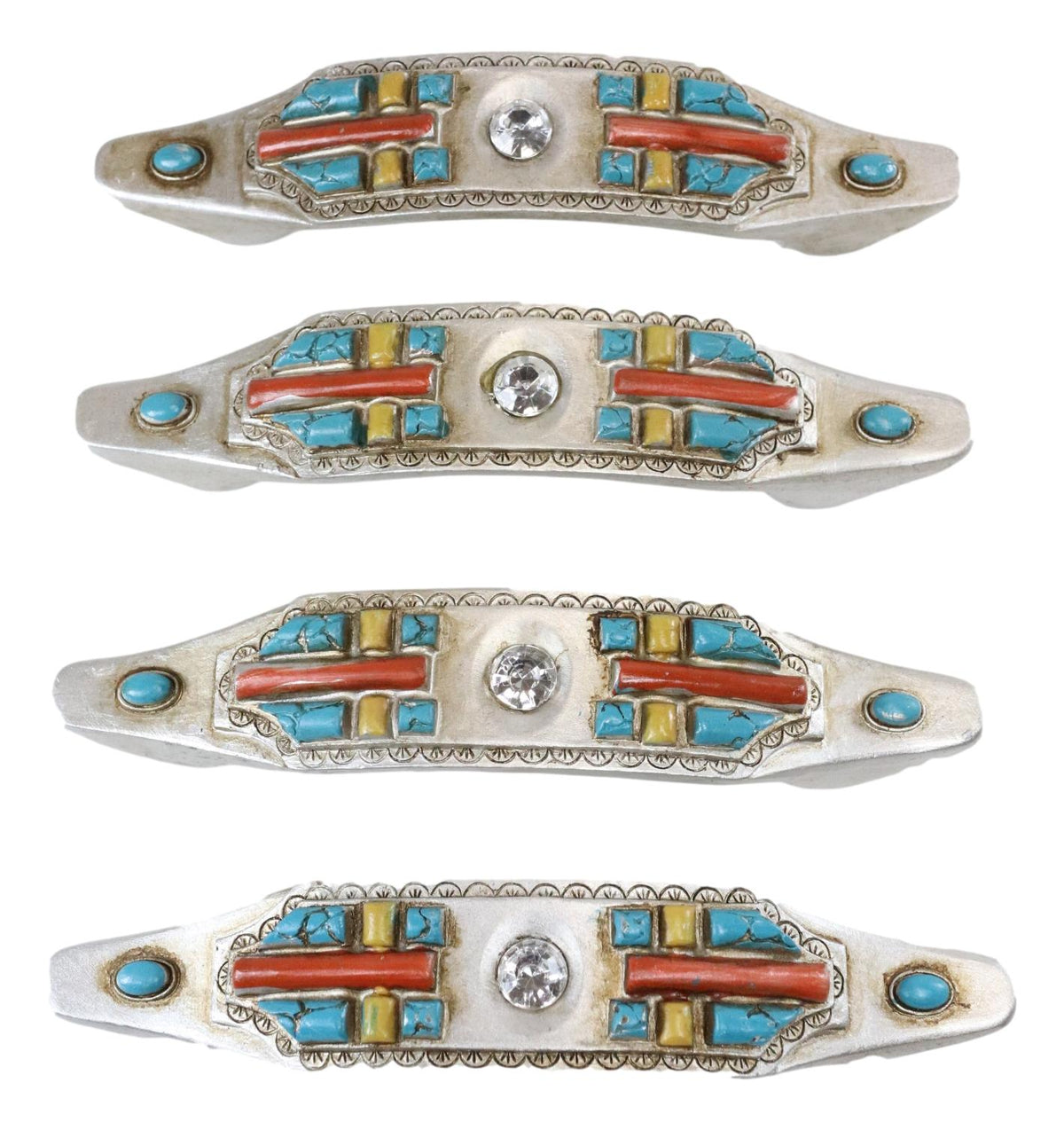 Set of 4 Rustic Southwestern Turquoise Cross Gemstones Crystal Cabinet Bar Pulls - Ebros Gift
