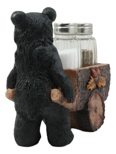 Ebros Black Bear Pushing Vintage Wagon Cart Salt And Pepper Shakers Holder Set