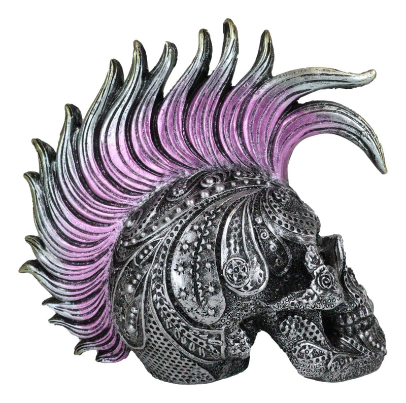 Silver Mohawk Purple Punk Haired Skull In Tooled Peacock Feathers Tattoo Statue