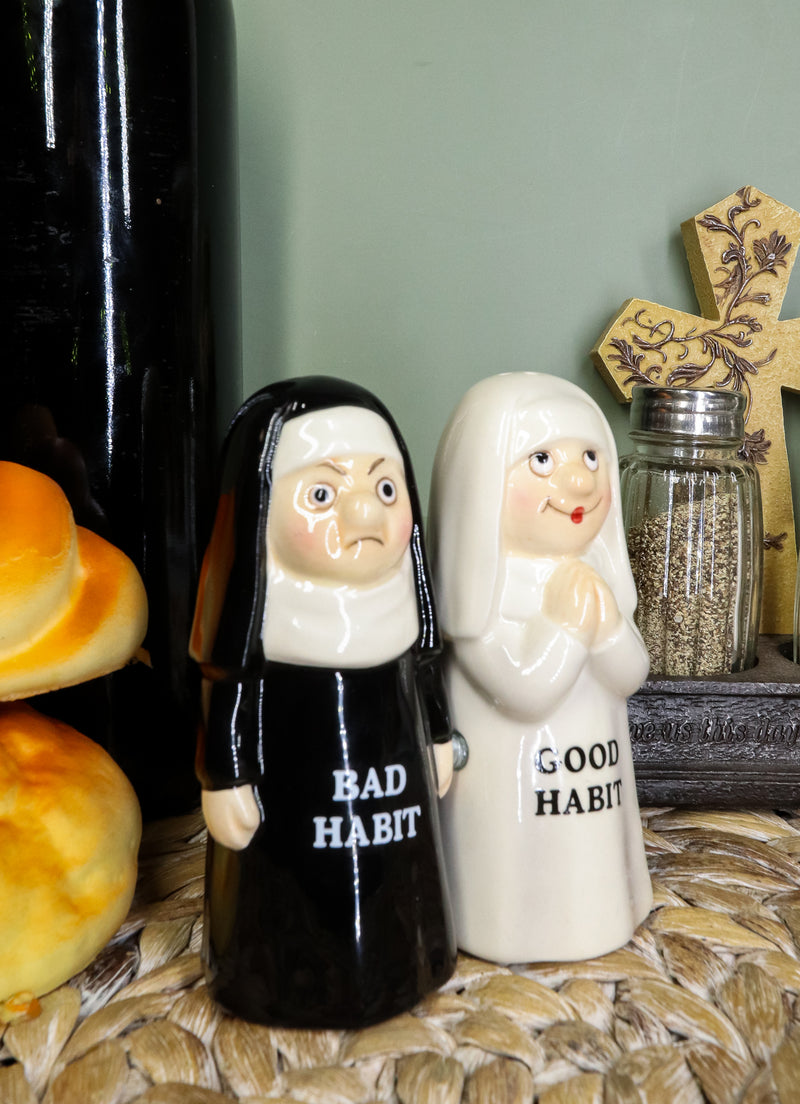 Ebros Bad And Good Habits Nun Pair Salt & Pepper Shakers Ceramic Magnetic Set
