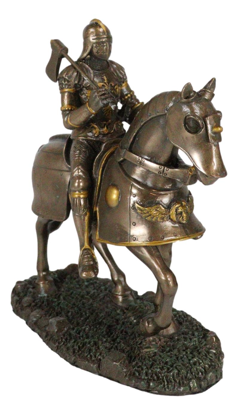 Medieval Suit Of Armor Knight With Large Shield And Axe On Horse Figurine