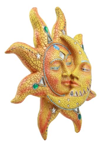 Ebros Orange Mosaic Face Sun with Yellow Mosaic Moon, 13"H Wall Plaque Decor - Ebros Gift