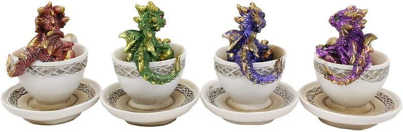 Ebros Metallic Baby Wyrmling Dragons in Tea Cups with Saucers Figurine Set 4.5"H