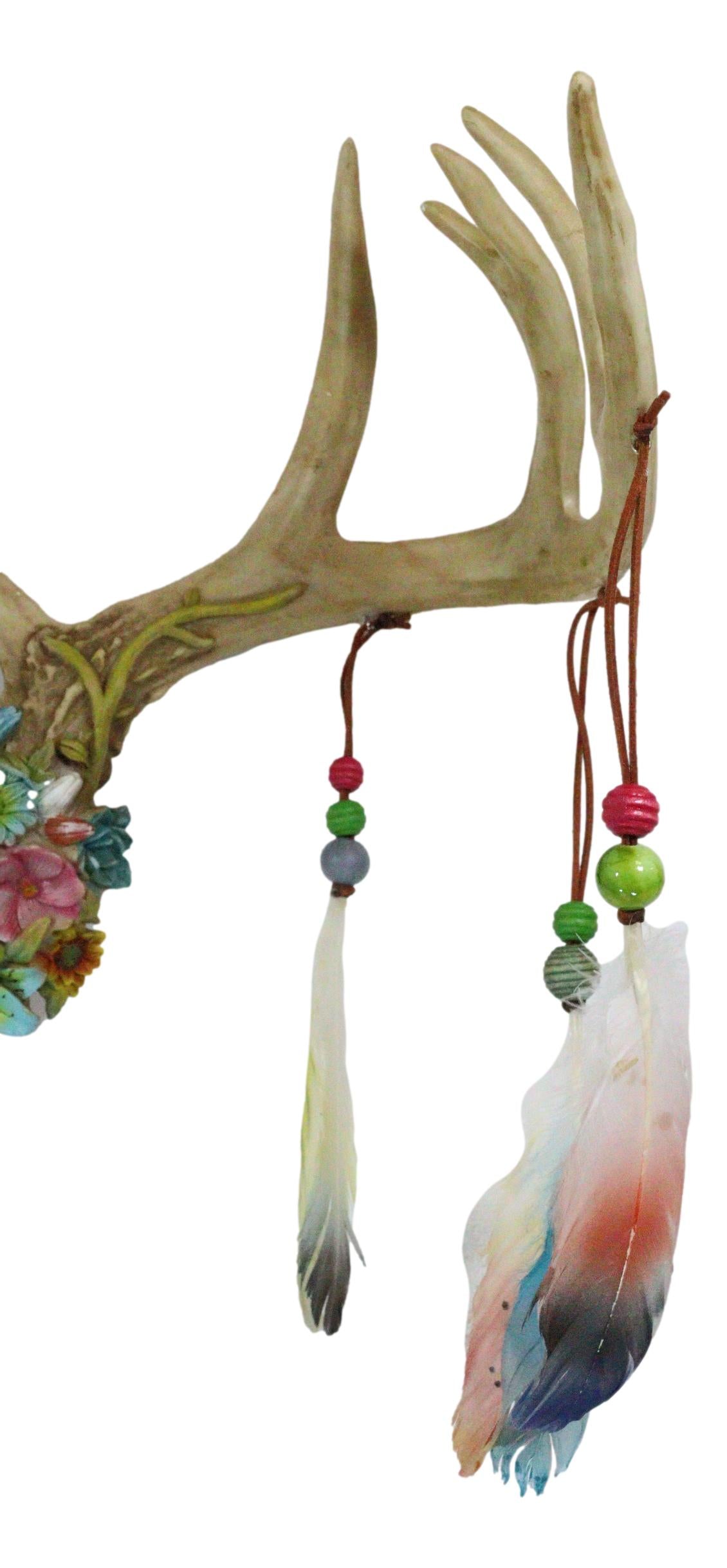 Rustic 12 Point Stag Deer Antlers Flowers And Feathers Rack Wall Hooks Plaque