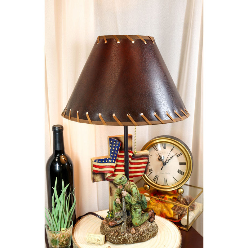 Patriotic Soldier With Rifle Kneeling By American Flag Cross Memorial Table Lamp