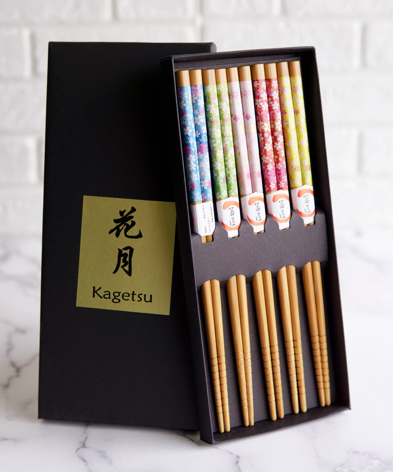 Reusable Bamboo Colorful Cherry Blossoms Set of 5 Ridged Ends Chopsticks Pairs