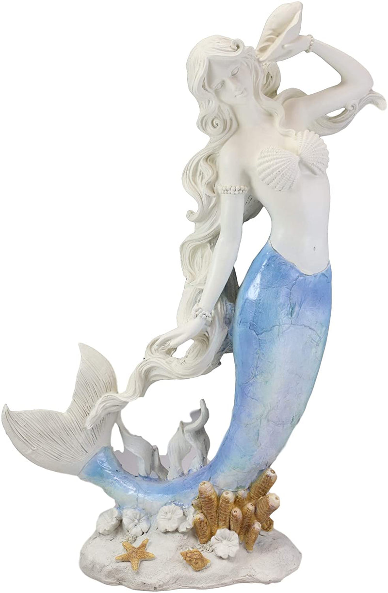 Ebros Large Mermaid Holding Conch Shell Decorative Figurine (Blue & White Ombre)