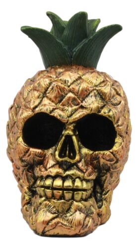 Hawaiian Tropical Pineapple Golden Skull Figurine 6"Tall Fruity Skeleton Head
